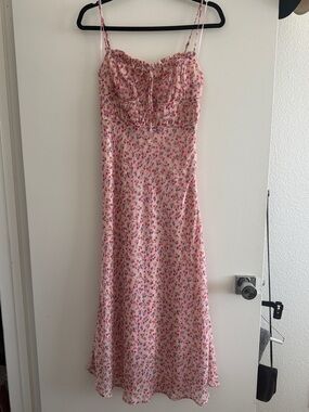 Astr the Label Pink Floral Cherry Print Tie-Front Spaghetti Strap Midi Dress